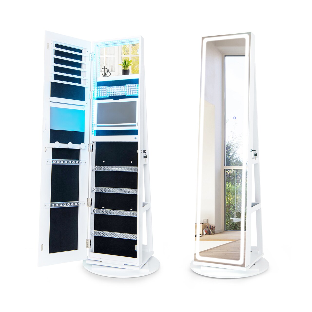 Freestanding Jewelry Cabinet with Makeup Shelf and Lighted Mirror